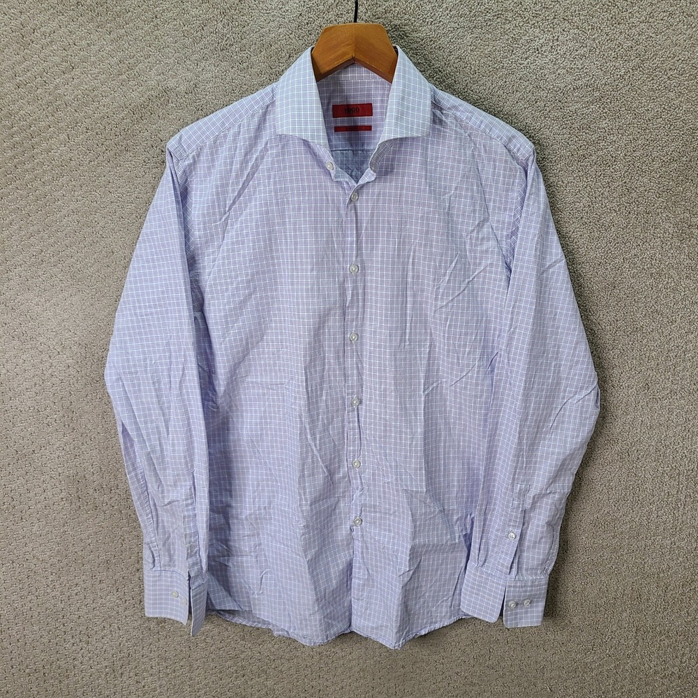 Hugo Boss Shirt Mens 16 34/35 Purple Plaid Sharp Fit Cotton Long Sleeve Button